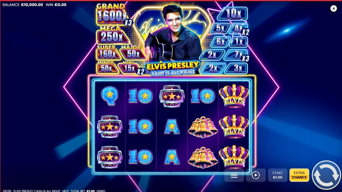 Tampilan visual slot Elvis Presley: Cash is All Right dengan tema neon Las Vegas