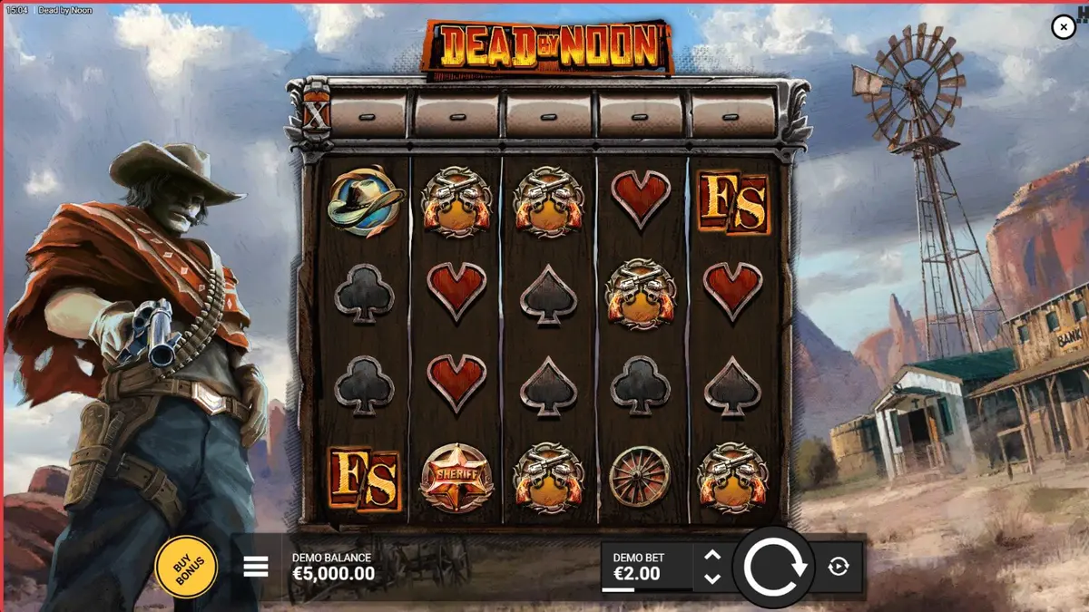 Tampilan visual slot Dead by Noon dengan nuansa Wild West yang mencekam
